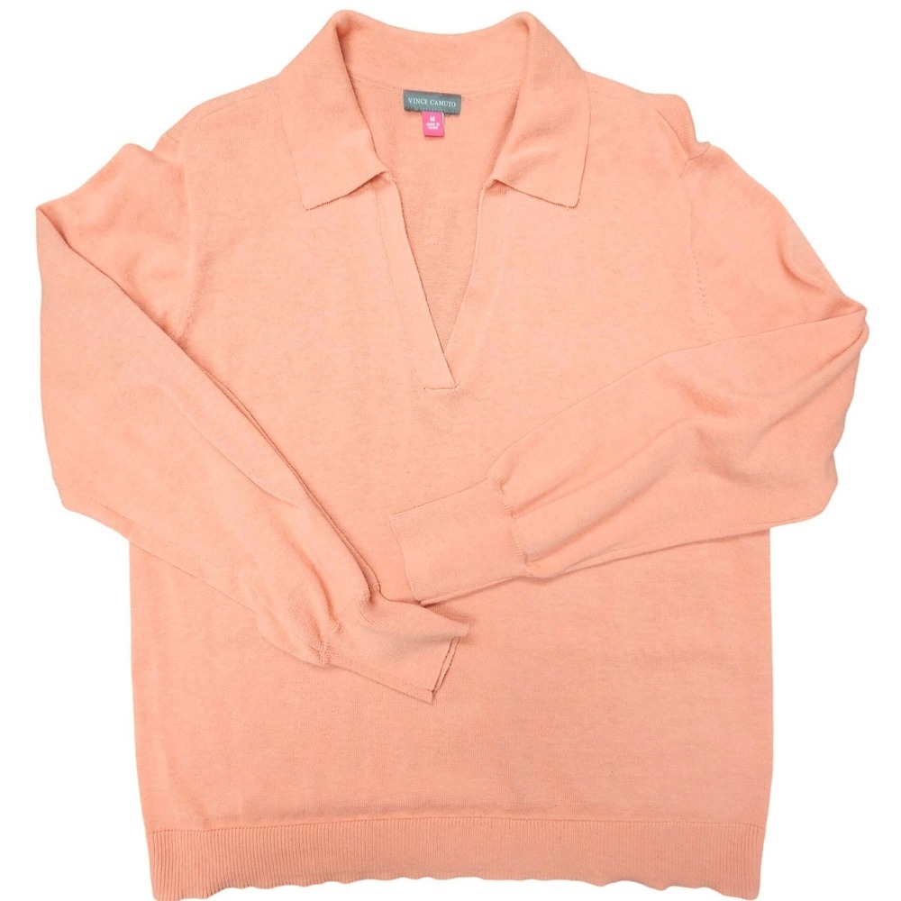 Vince Camuto Collared‎ V-Neck Sweater Womens Medium Peach  Preppy Coastal